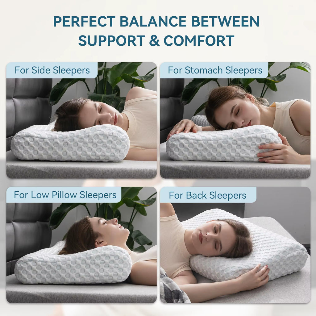 Hcore 1 PC Memory Foam Pillow, Neck Contour Cervical Orthopedic Pillow for Side Back Stomach Sleeper, Standard